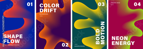 Abstract poster collection with dark gradient wave fluid motion shapes - Futuristic poster templates, vibrant neon colors, wavy lines, bold typography, and modern motion backgrounds.