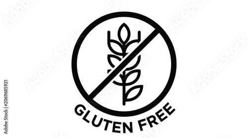 Minimalist black and white gluten free symbol featuring a stylized wheat stalk inside a circular strike through icon for health conscious food labeling and packaging