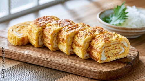 Sliced traditional japanese tamagoyaki omelet on a rustic wooden cutting board