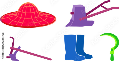 Konstfotografi Traditional Agriculture Tools Vector Icon Set Featuring Straw Conical Hat Cultiv