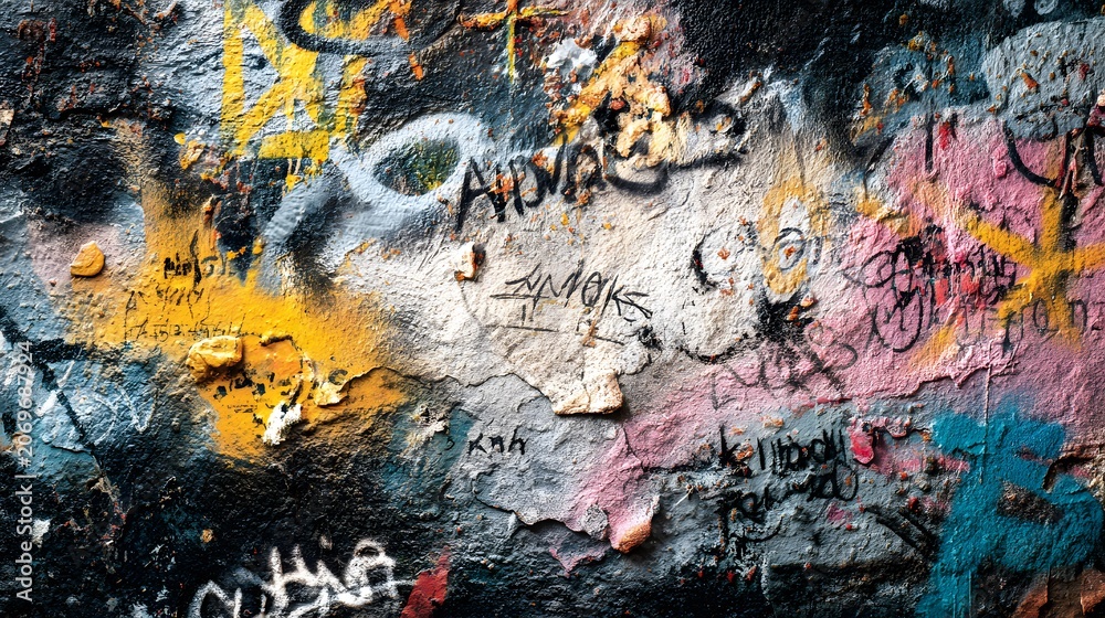 Obraz premium Abstract wall scribbles background. Street art graffiti texture with tags, drawings, inscriptions and spray paint stains 
