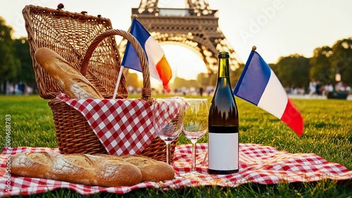 Festive French Picnic on the Champ de Mars with Wicker Basket, Baguettes, Wine, and French Flags with Iconic Eiffel Tower at Sunset Background