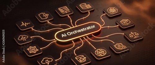 Centralized ai orchestrator system managing various digital network services and functions representing modern cloud computing and artificial intelligence integration for seamless operations