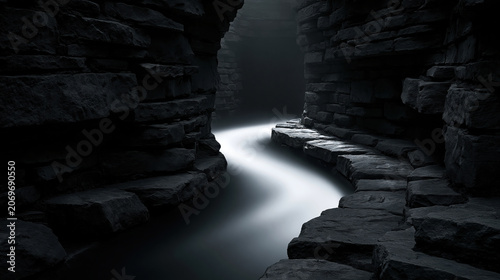Narrow carved tunnel illuminated stone passage flowing white stream dark rocky canyon long exposure abstract landscape shadow mist cavern erosion geology stone rock tunnel passage corridor cave