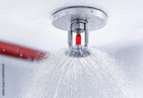 Modern indoor fire suppression system featuring ceiling sprinkler and smoke detector, enhancing building safety, emergency protection, security compliance, and hazard prevention.
