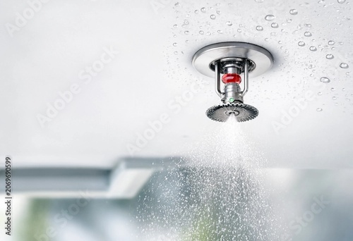 Modern indoor fire suppression system featuring ceiling sprinkler and smoke detector, enhancing building safety, emergency protection, security compliance, and hazard prevention.