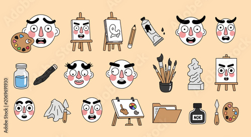 Hand Drawn Art Supplies and Cartoon Faces with Emotions Vector Set