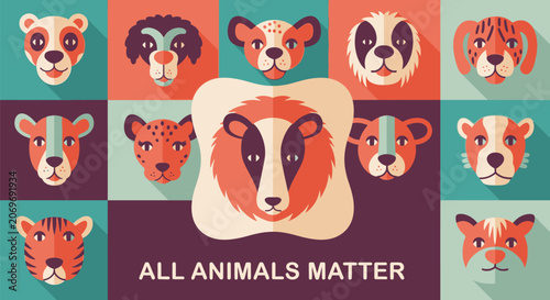 Set of colorful stylized animal head portraits featuring diverse wildlife faces.