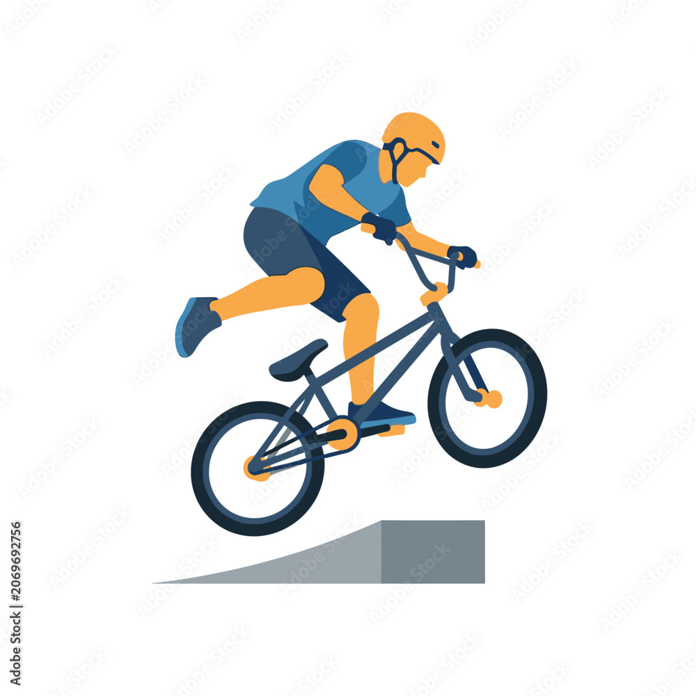 Naklejka premium BMX rider performing a stunt on a ramp, dynamic action illustration with cyclist jumping on bicycle