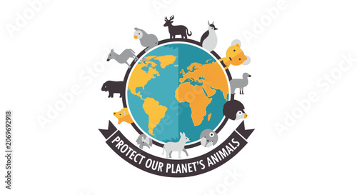 Protect Our Planet Animals Emblem Design with Globe and Wildlife Icons.