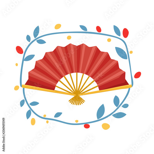 Red Paper Fan with Floral Frame Vector Illustration