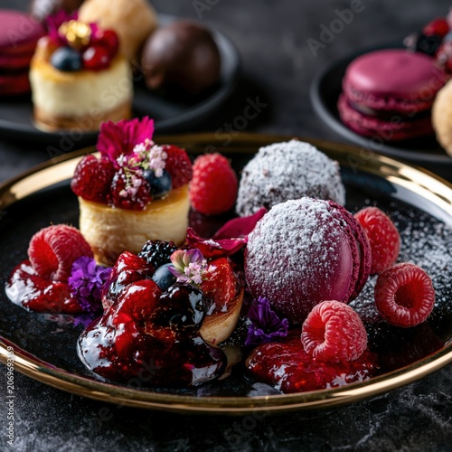 Elegant Plated Dessert: Colorful Gourmet Cheesecake and Raspberry Macaron with Edible Flowers and Berries in Fine Dining Presentation