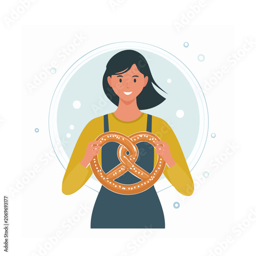 Woman holding a large pretzel, flat vector illustration