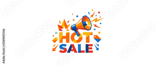 Modern Geometric Hot Sale Typography Illustration with Megaphone and Fire Sparks