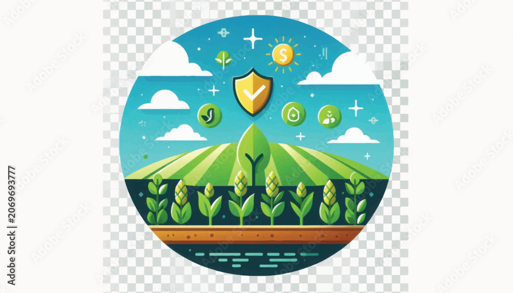 Fototapeta premium Farm Security and Crop Insurance Illustration. Financial Protection Shield over Green Sustainable Agriculture Landscape.