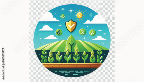 Farm Security and Crop Insurance Illustration. Financial Protection Shield over Green Sustainable Agriculture Landscape.