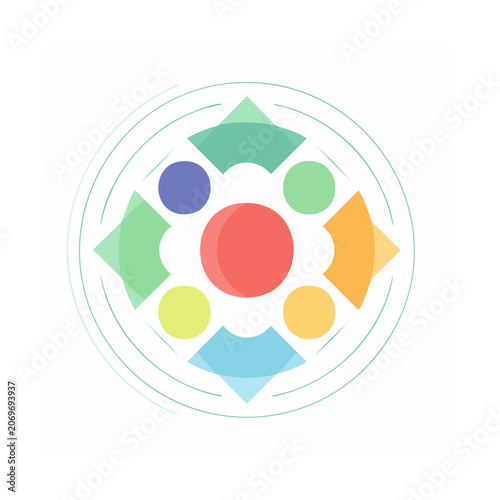 Abstract geometric logo with colorful circles and shapes