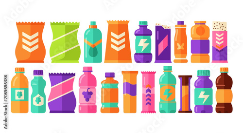 Flat vector set of snacks and drinks including bottles and energy bars