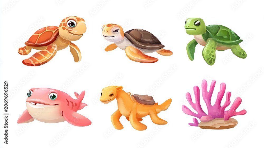 Obraz premium Colorful Cartoon Sea Creatures with Turtle and Coral Illustrations