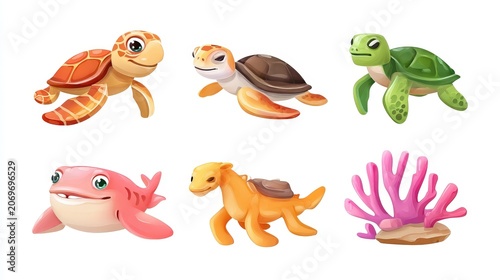 Colorful Cartoon Sea Creatures with Turtle and Coral Illustrations
