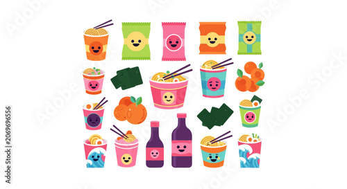 Kawaii Japanese Snack and Noodle Food Collection Vector Set