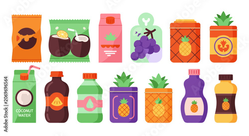 Flat Vector Illustration Collection of Fruit Juice Bottles and Packaging Designs