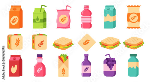 Collection of healthy lunch snacks sandwiches and drinks flat vector icons
