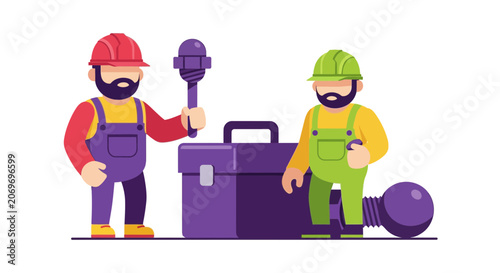 Two Professional Construction Workers with Toolbox and Mechanical Parts Vector Illustration