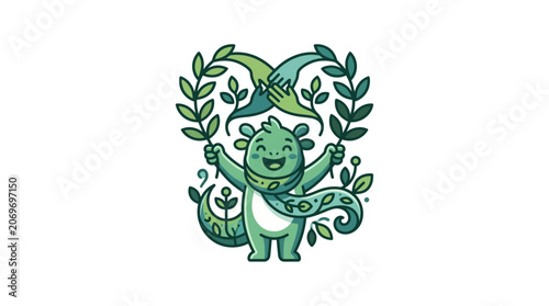 happy dinosaur holding leaves and bird