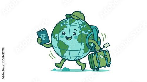 Happy globe with luggage and passport traveling