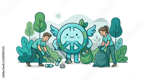 Volunteers Cleaning Park with Cute Animated Peace Sign Character