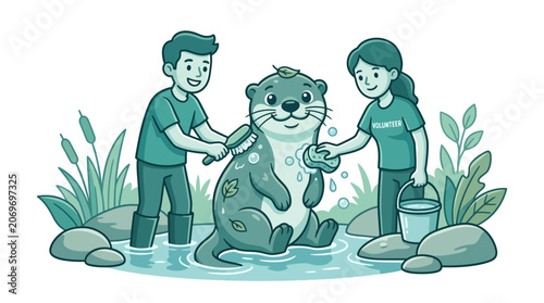 Volunteers cleaning an otter in a river conservation effort