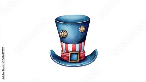 Whimsical Blue Top Hat with Red and White Stripes and Gold Buttons