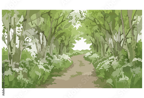 Photos Spring Country Lane with White Wild Chervil and Green Tree Avenue Vector Artwork