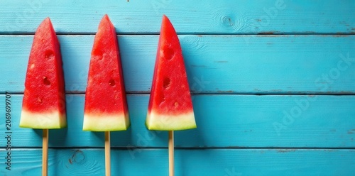 Cute watermelon skewers on blue wood plank Perfect summer treat , bright, horizontal