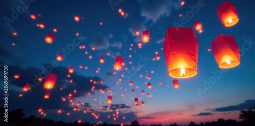Dozens of multicolored sky lanterns drift gracefully against a deep blue dusk , stock, celebration, bright