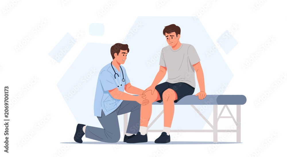 Fototapeta premium Doctor examines patient's knee on examination table, physiotherapy concept