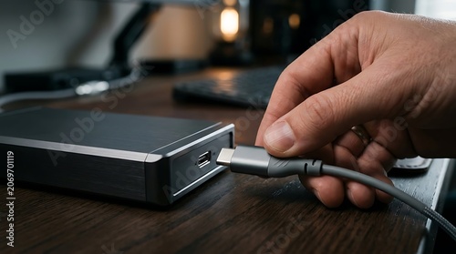 Close up of a hand connecting a USB C cable to an external hard drive on a wooden desk