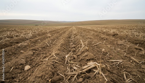 Desolate Plowed Field Stretching to Distant Horizon Under Open Sky.