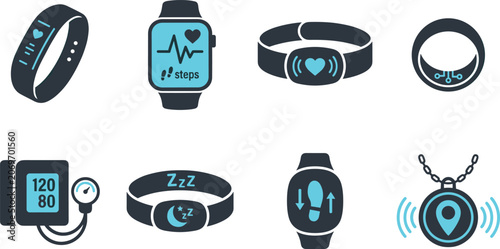 A set of modern wearable technology and digital health tracking icons for fitness and monitoring applications