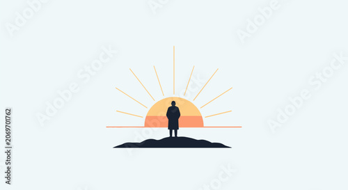 Minimalist vector illustration of a lone silhouette standing on a hill facing a rising sun.