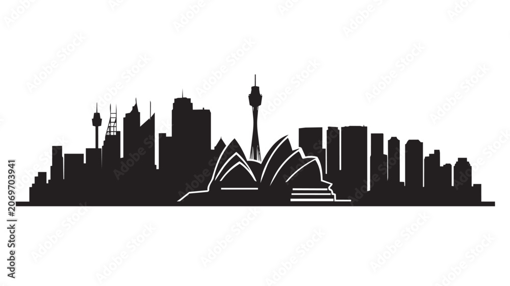 Obraz premium Black silhouette of sydney city skyline with famous buildings