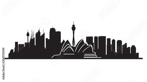 Black silhouette of sydney city skyline with famous buildings
