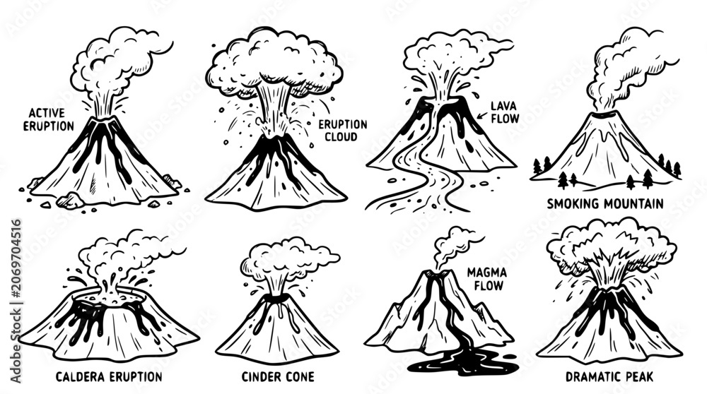 Fototapeta premium Hand drawn volcano eruption shapes lava flow details, doodle sketch collection, black ink vector illustration 