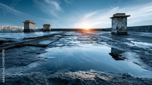 Worn Roofing Surface with Water Accumulation and Inspecting Elements Under Twilight Sky View