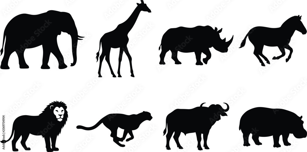Fototapeta premium Set of African Wild Animal Silhouettes Including Elephant Giraffe Rhino Zebra Lion Cheetah Buffalo and Hippo