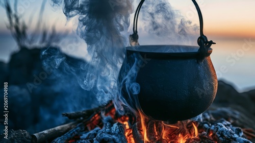 Traditional Camping Cauldron Hanging Over Open Fire Creating Smoke During Sunset at a Scenic Location