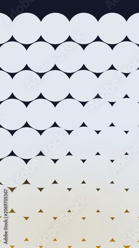 Geometric pattern with repeating white circles over a gradient transitioning from dark blue to golden yellow, creating simple intersecting shapes.