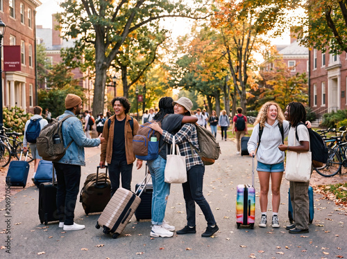 Group of college student friends arriving on the first day of college together 