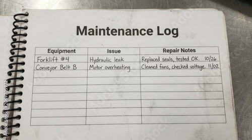 Spiral bound maintenance log notebook page with entries.